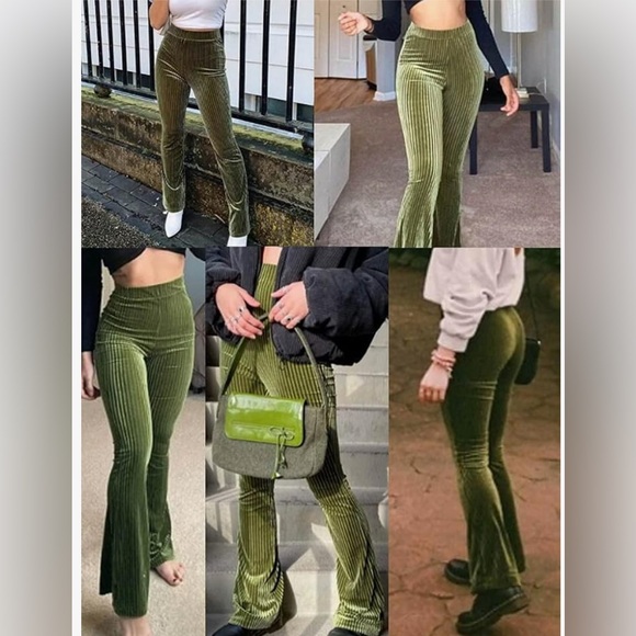 Groovy✌️High-Waisted Green Velvet Flare Stretchy Pants - Picture 2 of 8